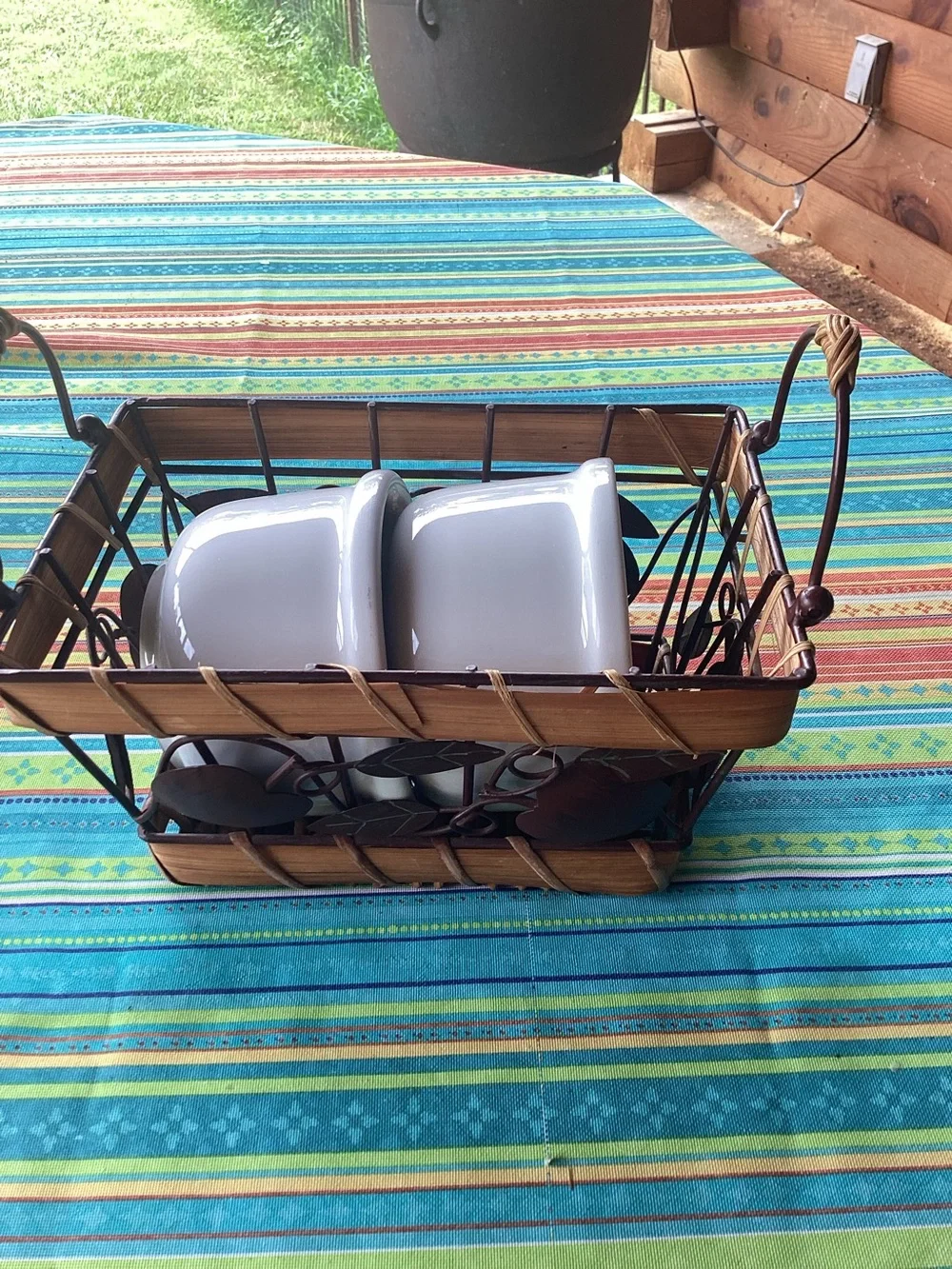 Rustic Basket with Ceramic Crocks - set of 2 crocks